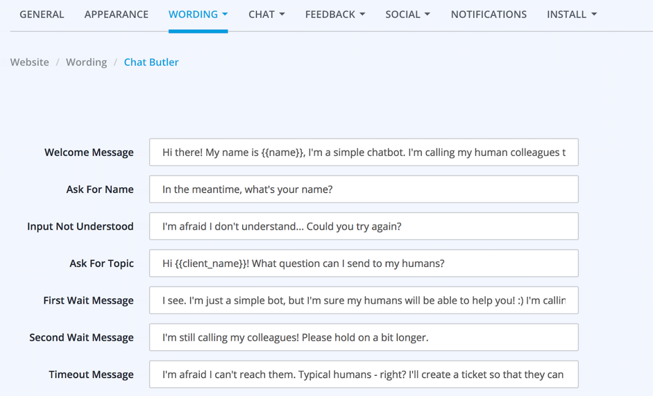 Screenshot of Userlike Live Chat backend to configure chatbot wording.