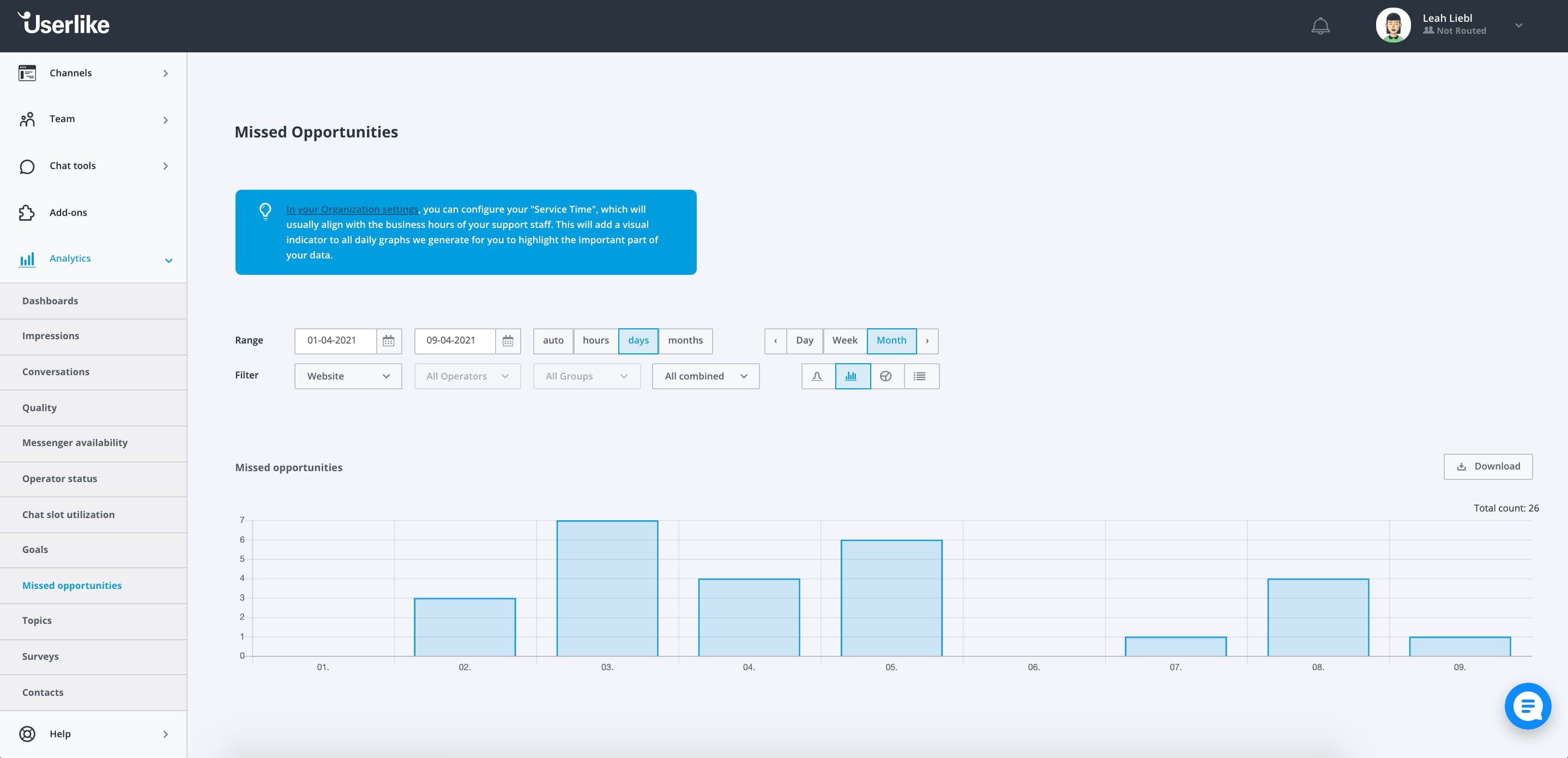 screenshot of missed connections section in userlike