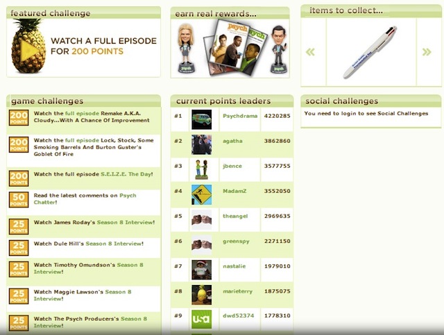 screenshot of club psych website platform gamification tv show psych