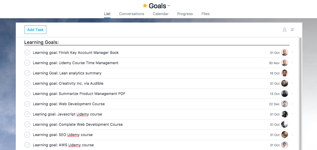 Our asana learning goals section.