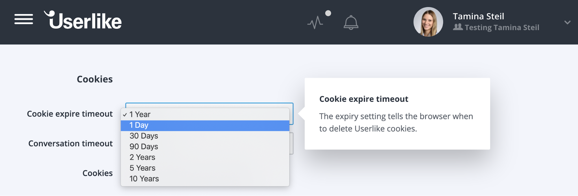 the cookie timeout setting in the Userlike Widget Editor