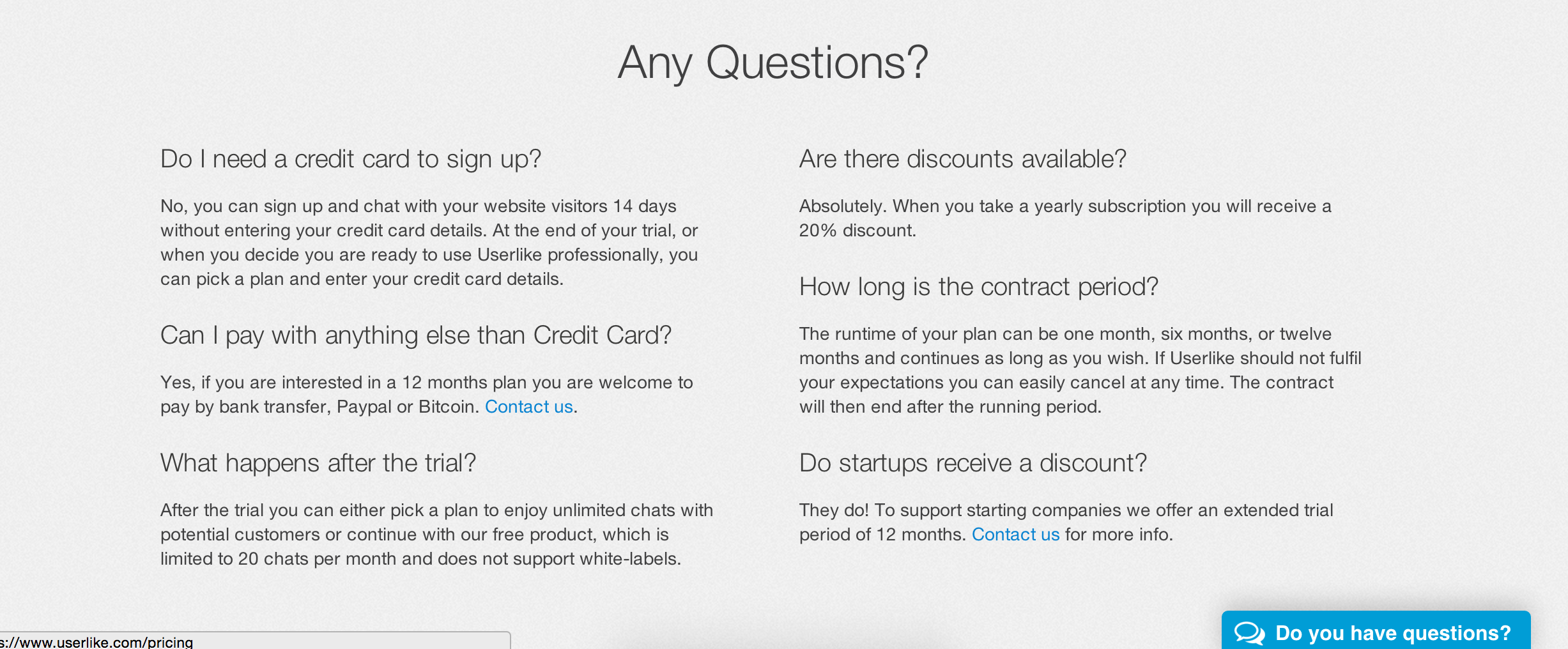 Userlike FAQ section