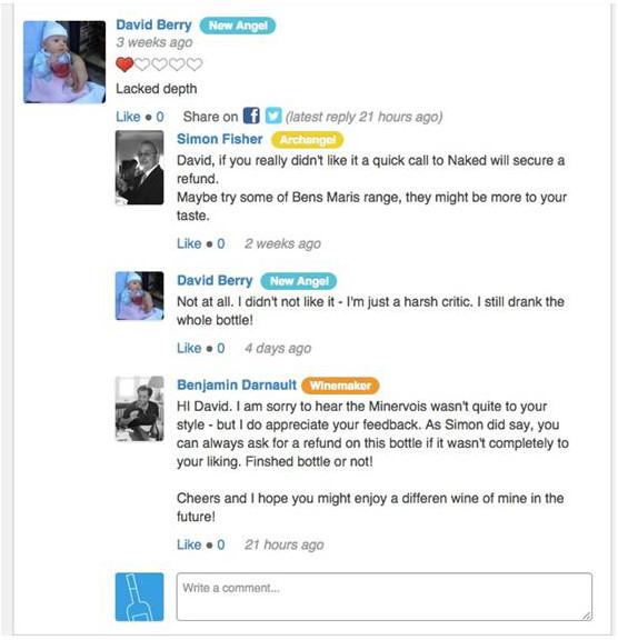 screenshot of comment by wine customer and reviewer interaction