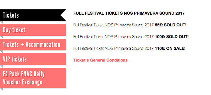 Screenshot von Primavera Sound Festivals Preisgestaltung