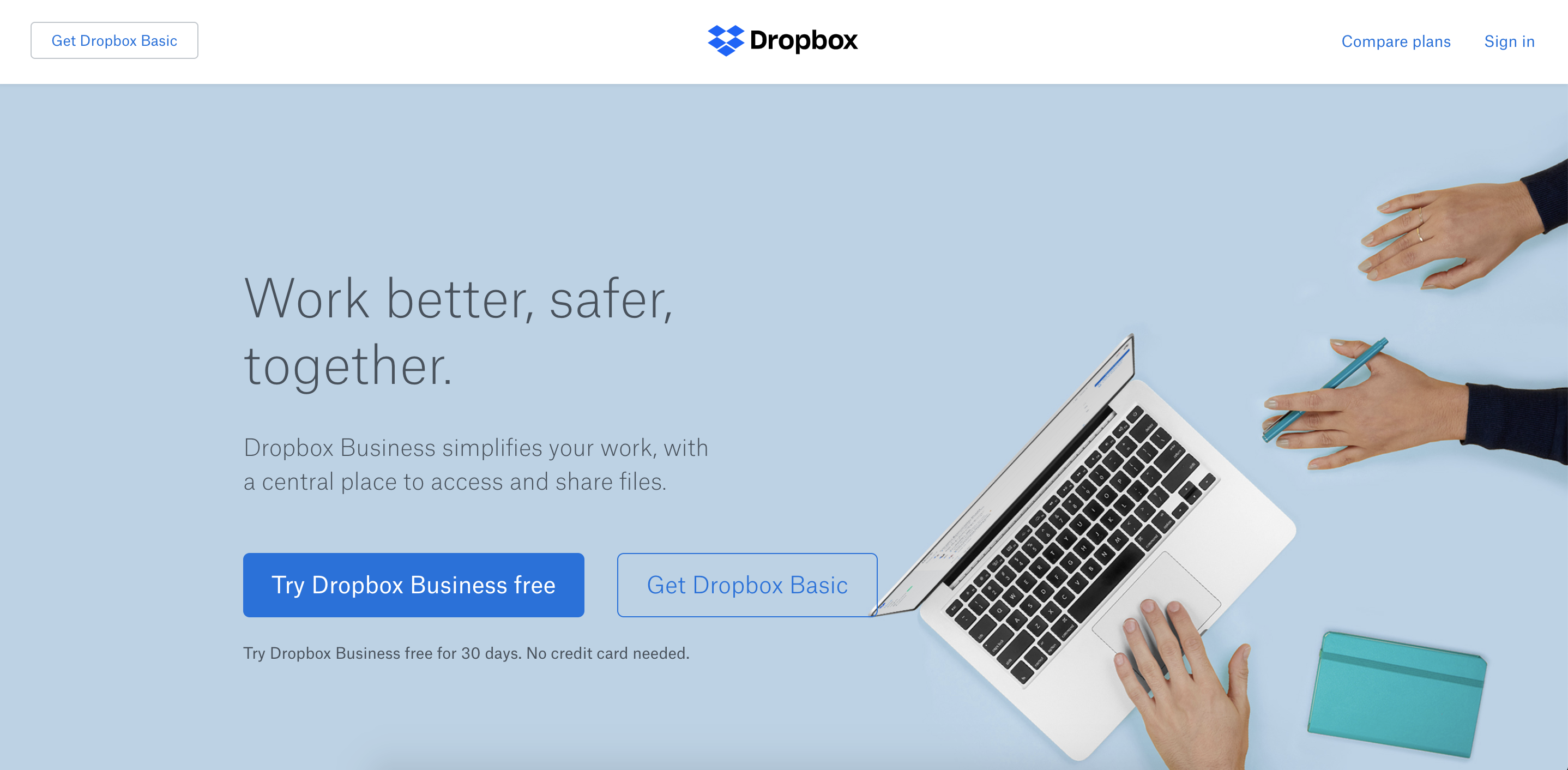 Image of two people working on a laptop with a headline that says work better, safer, together