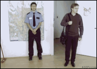 Staff hiding in creative ways as a customer enters the office.