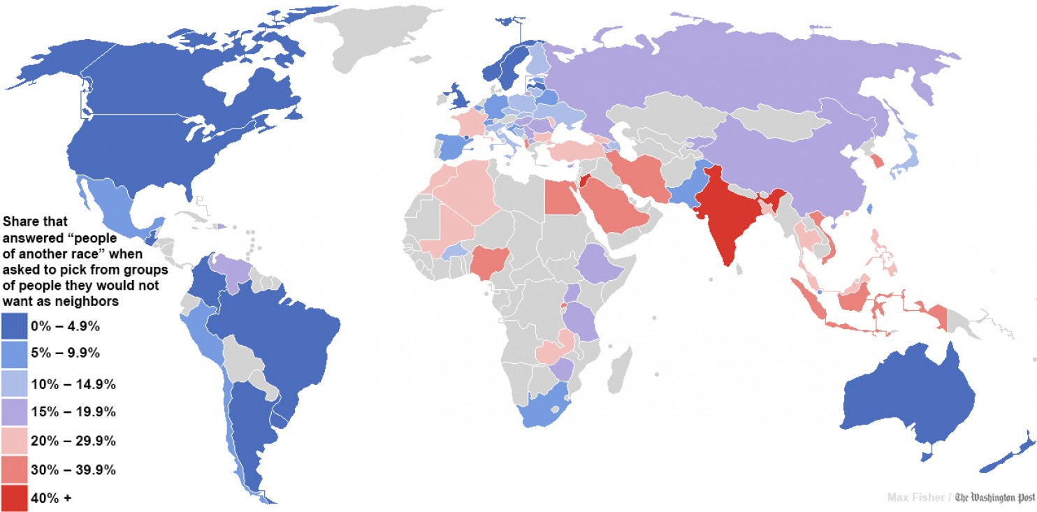 map illustrating severity of racism throughout the globe