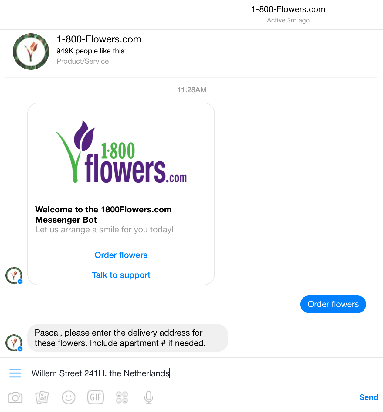 screenshot of 1-800 flowers chatbot in action