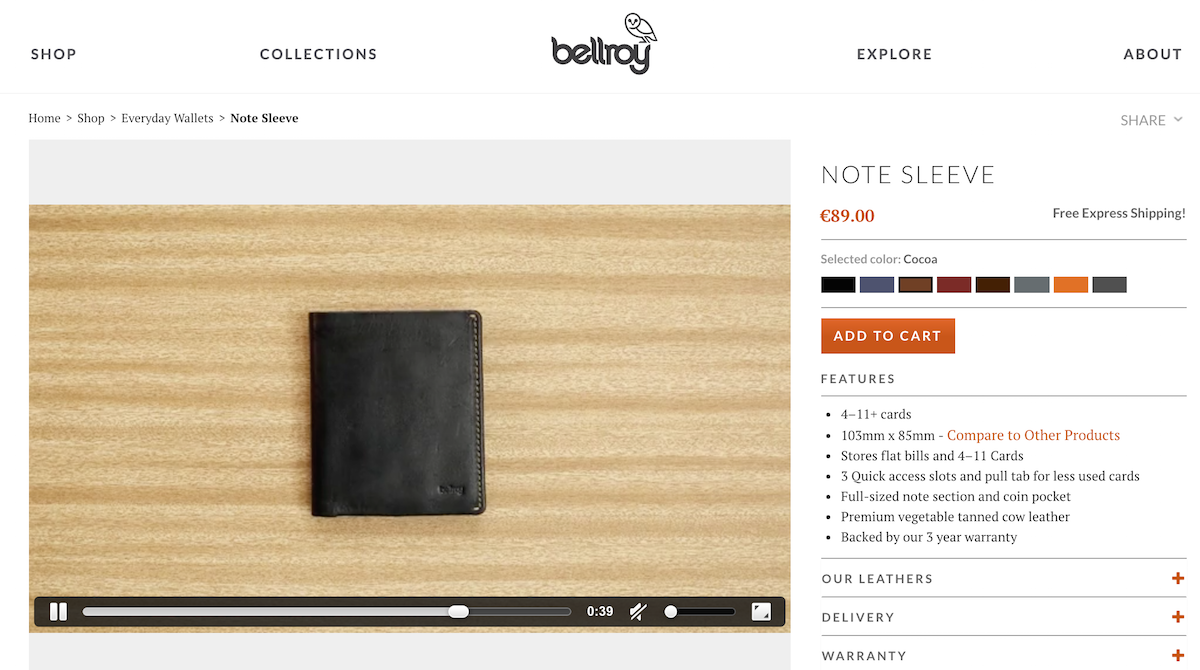 Screenshot of Bellroy product page