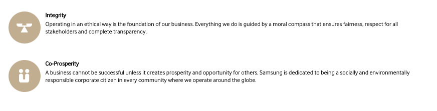 Screenshot of Samsung's 'Our Values' section