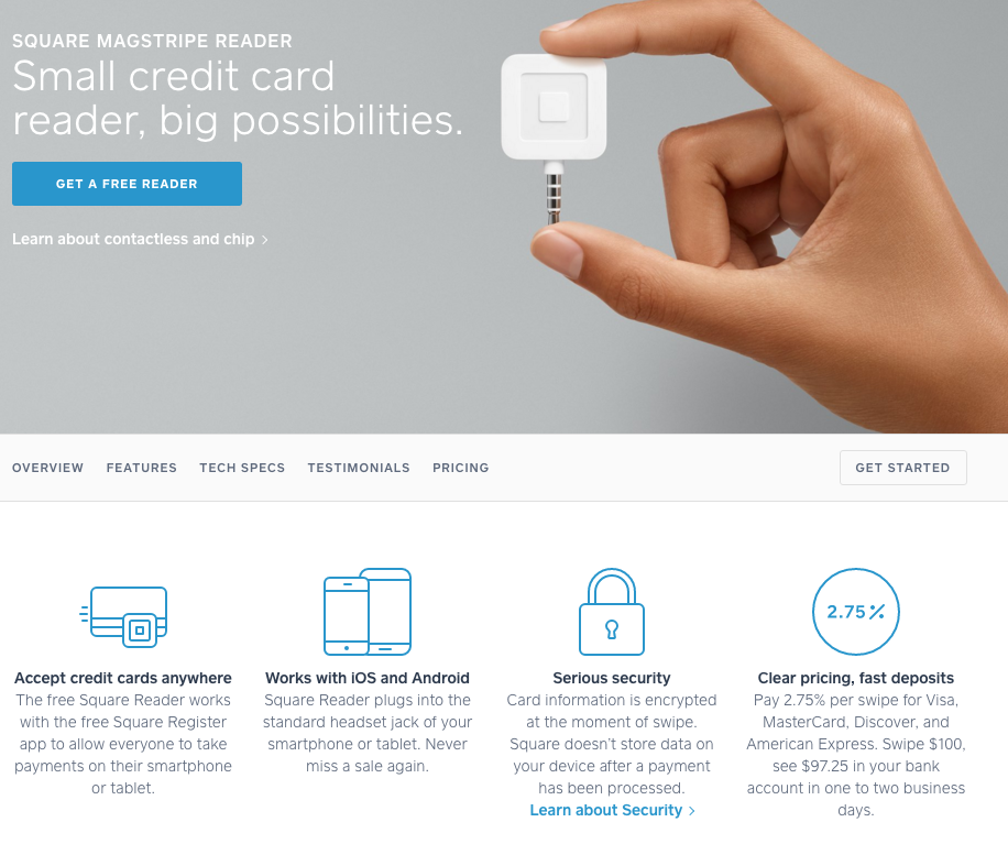 Screenshot of credit card reader product page by Square