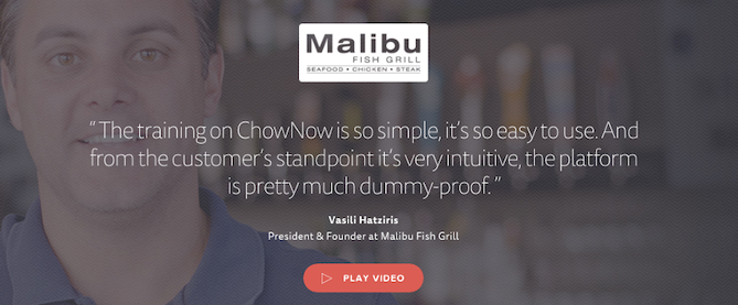 Screenshot of Malibu Fish Grill testimonial on ChowNow.com
