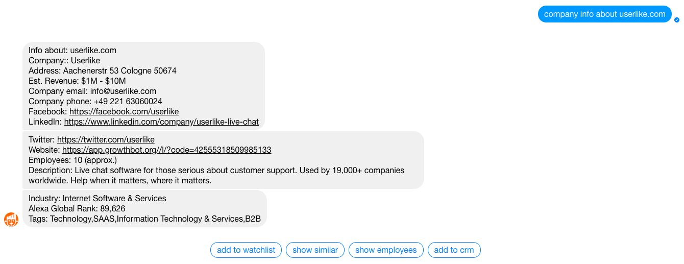 Informationen, die Growthbot über Userlike findet