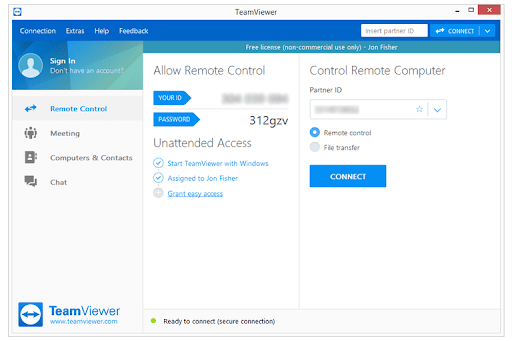 screenshot of remote control options in teamviewer