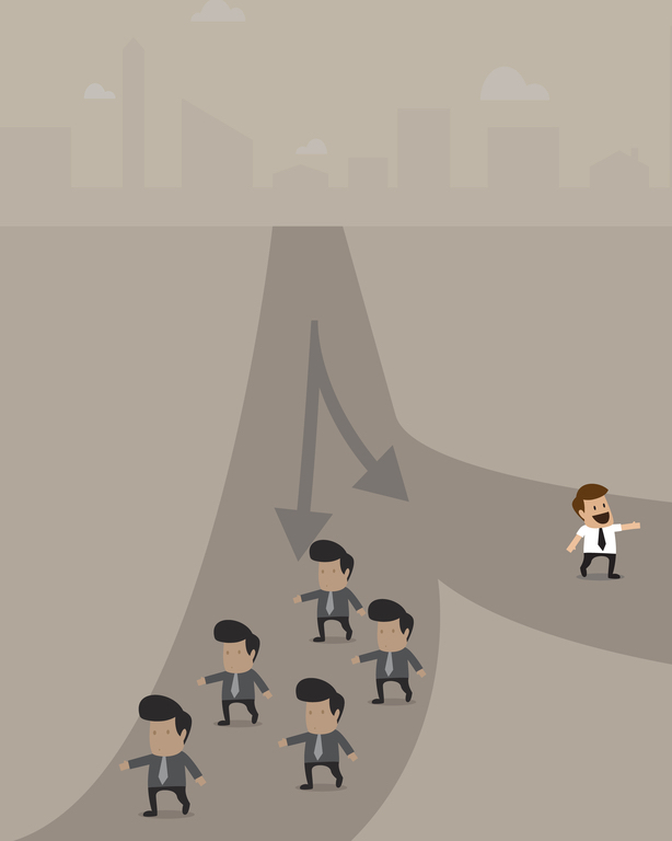 Dibujo animado de un grupo que se separa de un individuo.