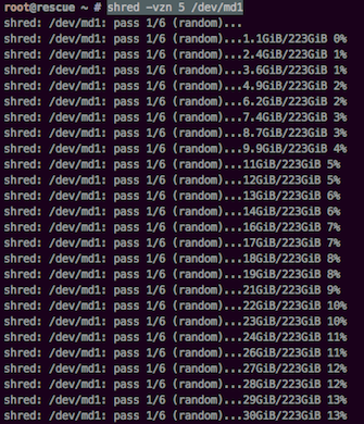 Screenshot der Kommandozeilen-Aufnahme bei der Löschung einer Server-Festplatte.