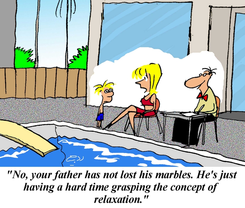 cartoon of burned out man with wife and kid at the pool