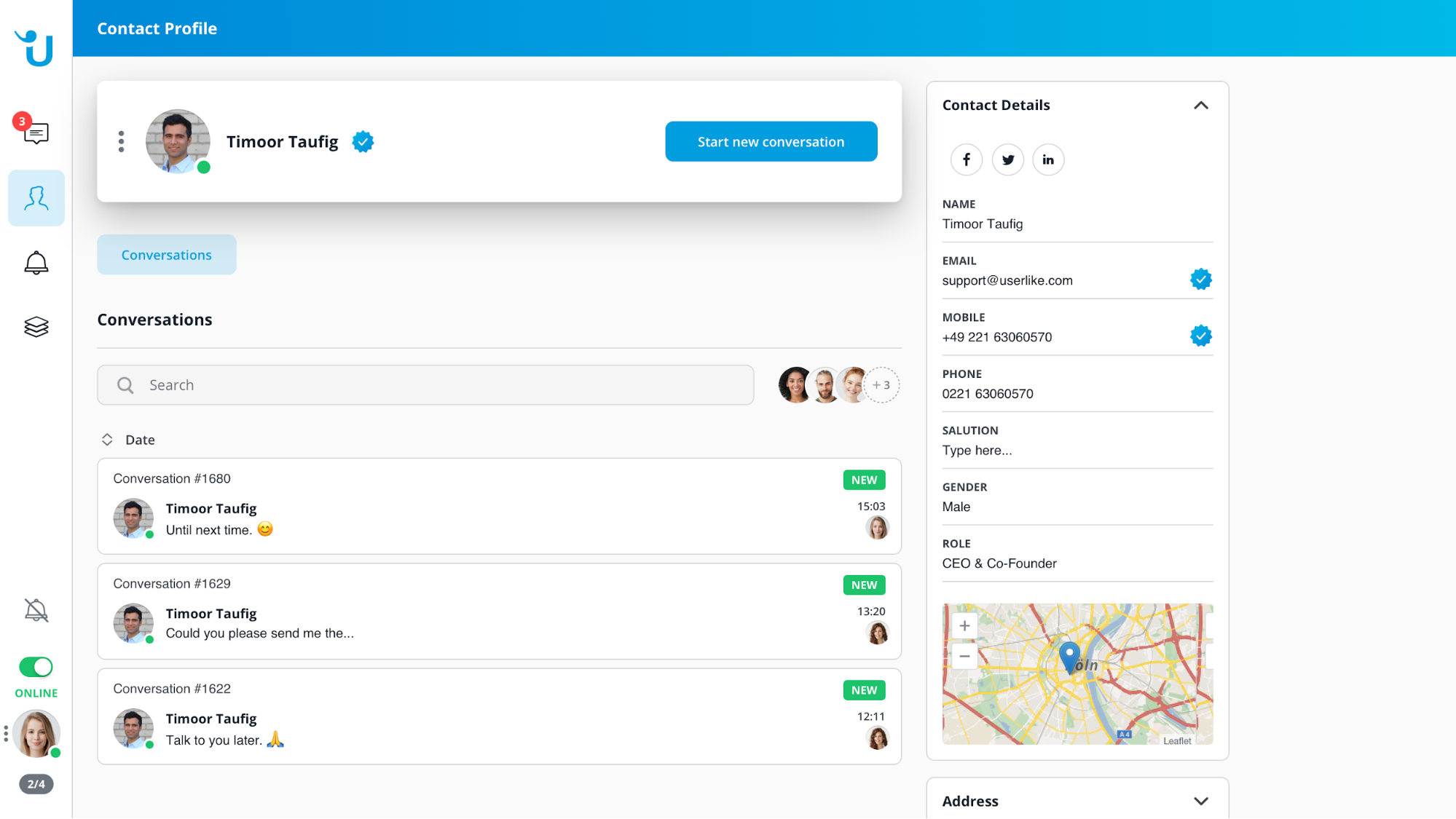 The Userlike Message Center interface, showing a contact profile and conversations