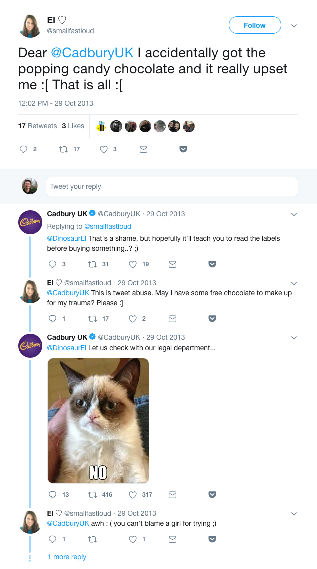 a screenshot of a conversation on twitter with cadbury