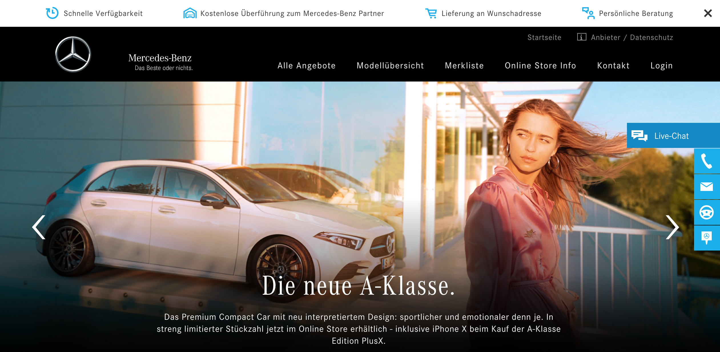 Screenshot of Mercedes website with live chat.