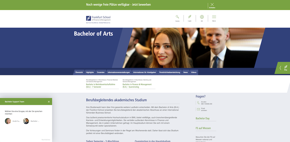 image of live chat widget on Frankfurt School's Bachelor of Arts page