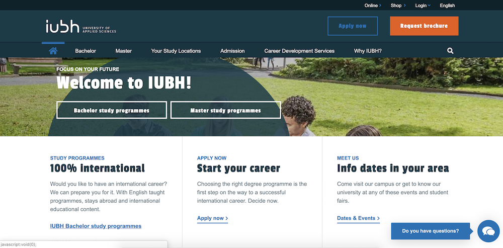 image of live chat widget on the homepage of the IUBH homepage