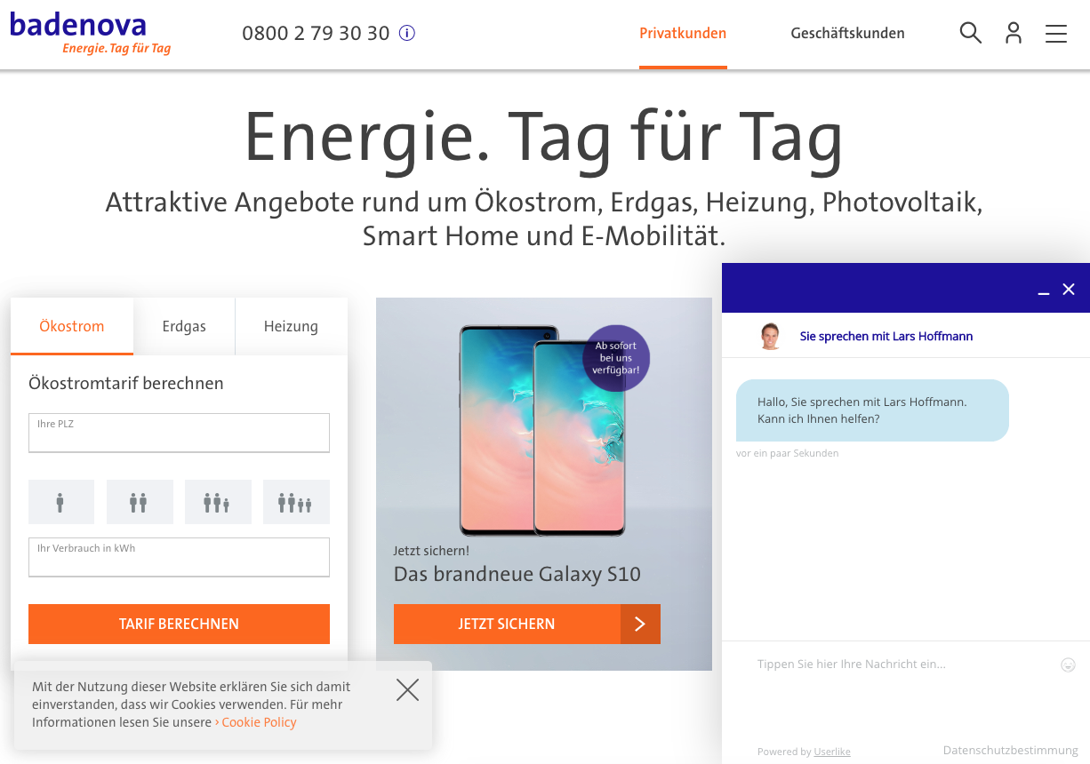 Userlike Live-Chat-Fenster auf der badenova-Website