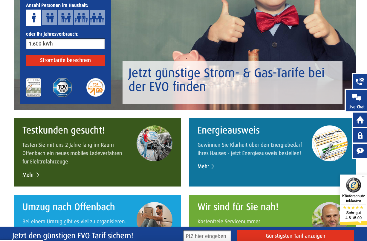 Live-Chat-Fenster auf der EVO Website