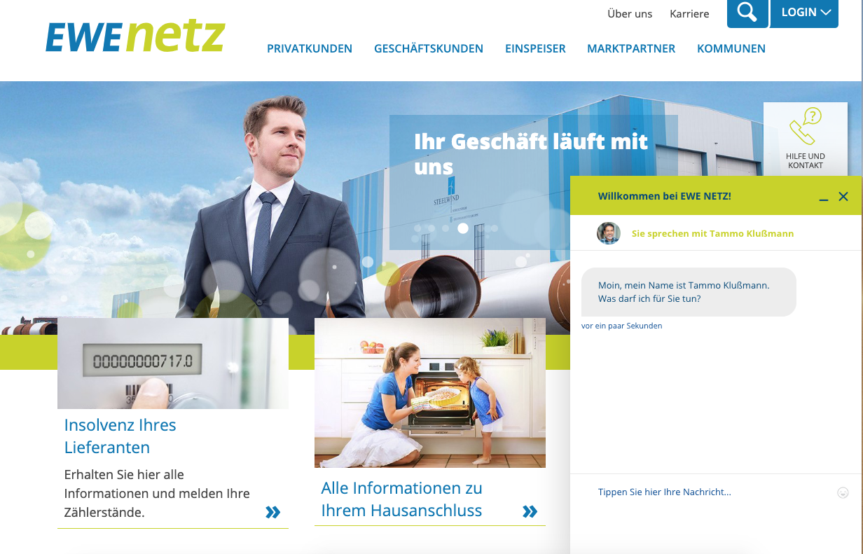 Live-Chat-Fenster auf der EWE-Netz Website