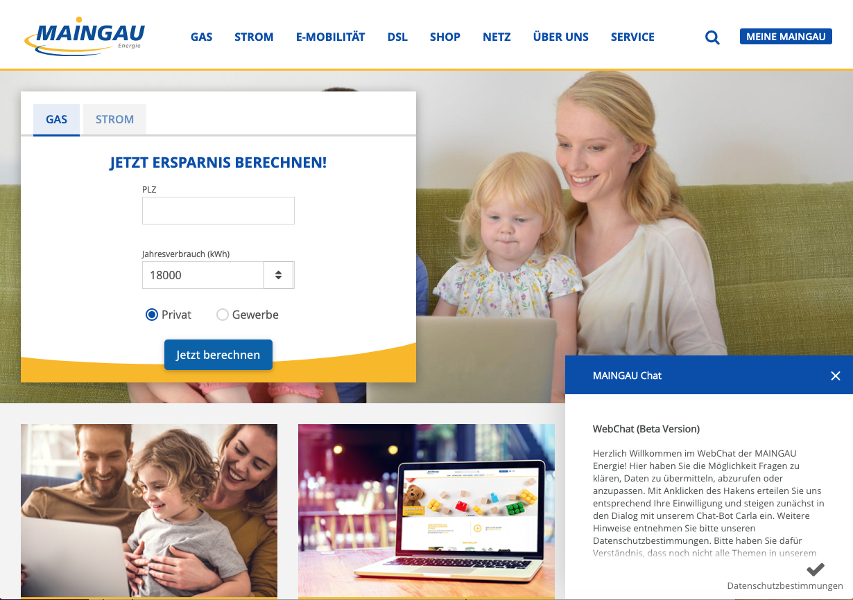 Live-Chat-Fenster auf der Maingau Website