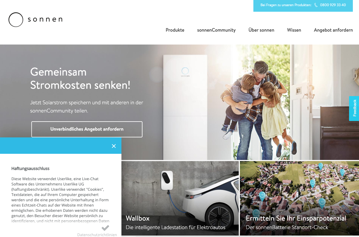 Live-Chat-Fenster auf der sonnen Website