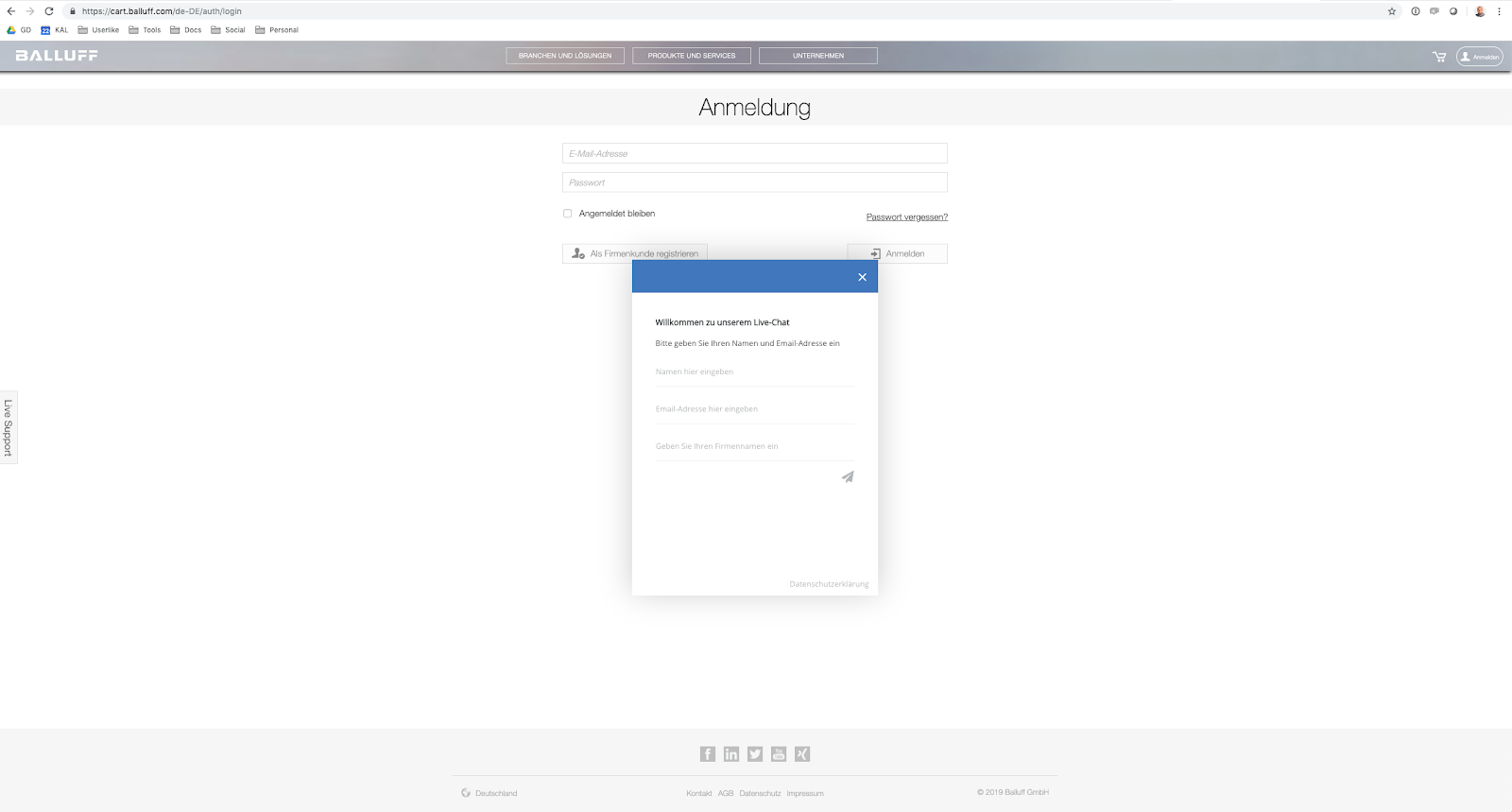 Screenshot von Balluffs Log-In-Area für Kunden aus der Fertigungsbranche