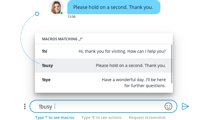 Demonstration of live chat macros use.