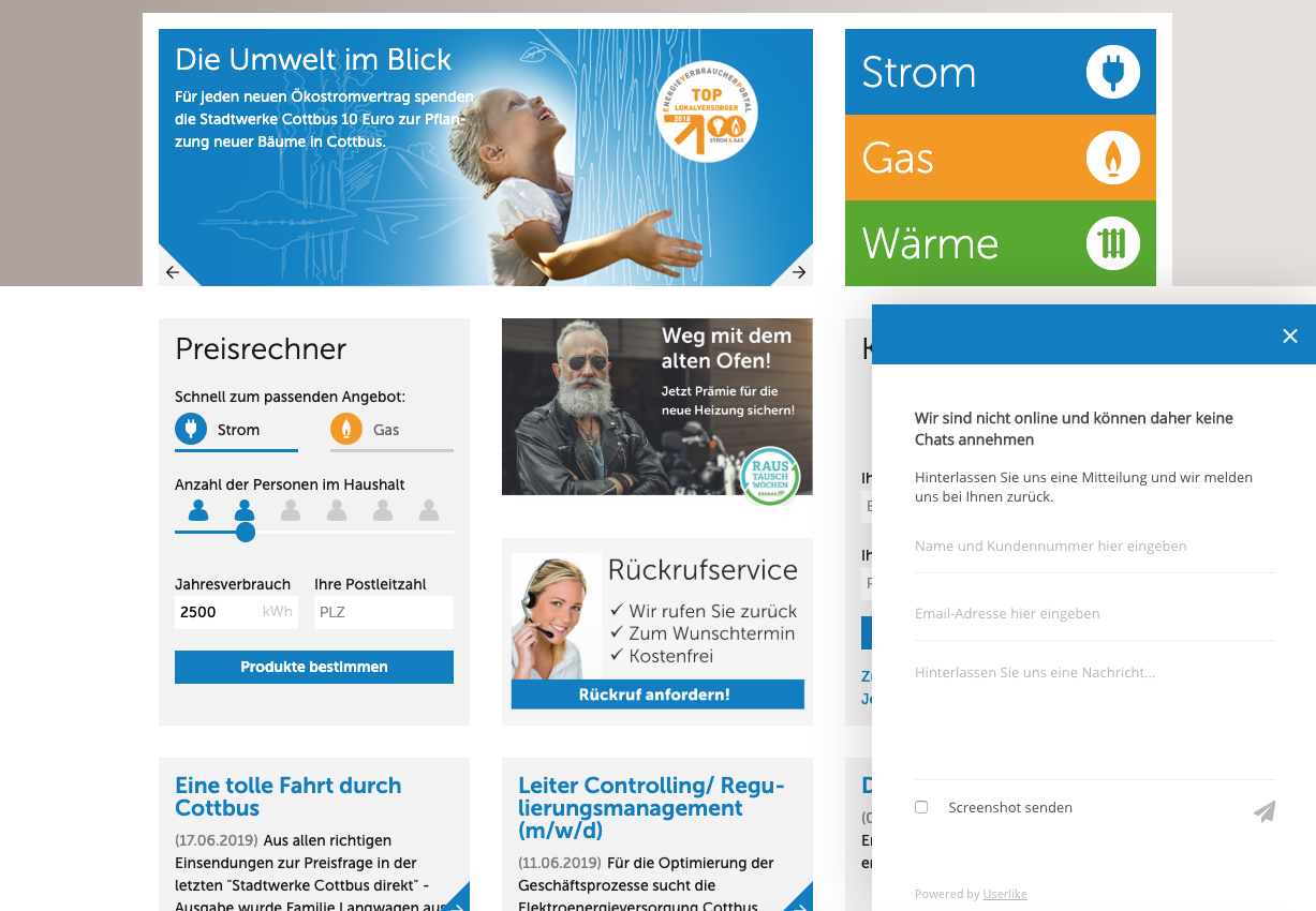 Screenshot shows Userlike implementation on Stadtwerke Cottbus energy website