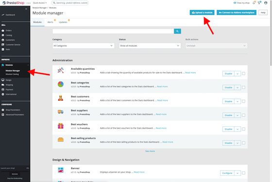 A screenshot of the PrestaShop Dashboard showing how to upload a module.