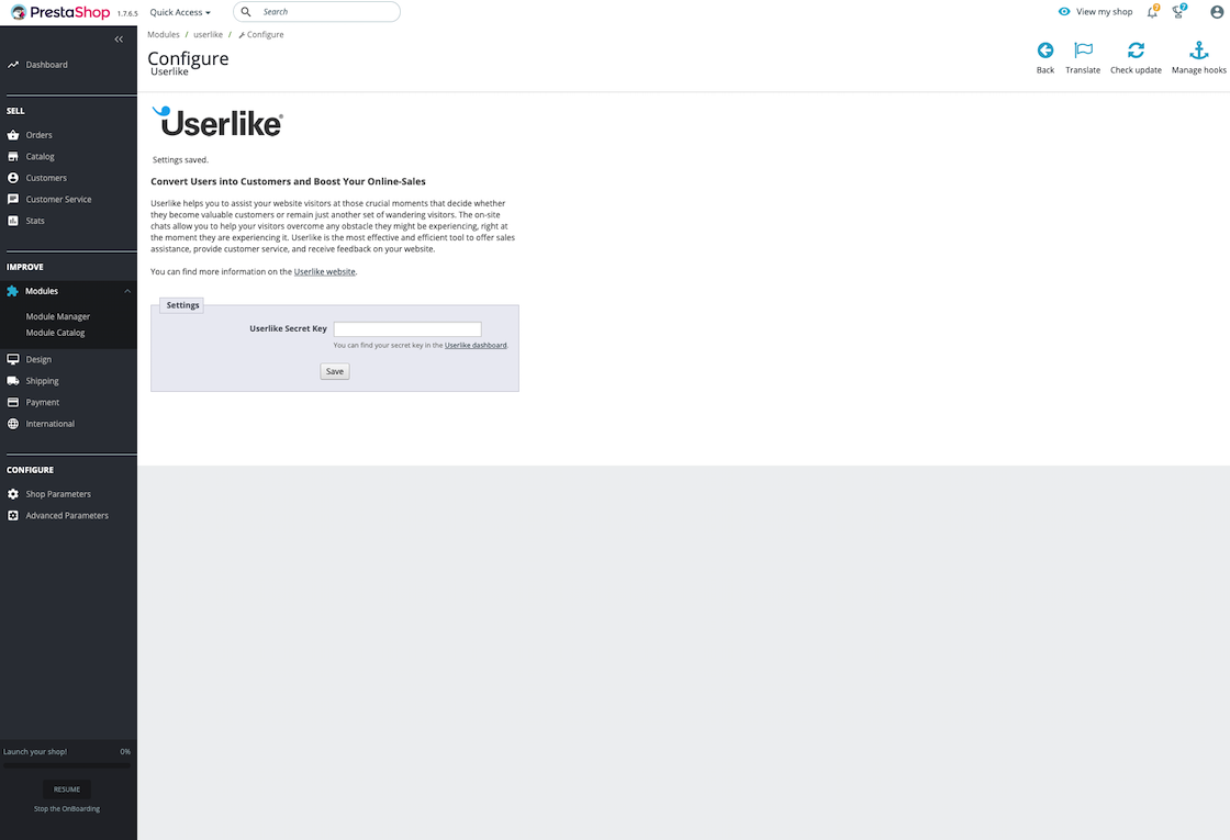 A screenshot of the PrestaShop Dashboard showing how to add the Userlike Widget Secret.