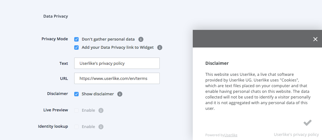 screenshot of Userlike chat settings data privacy disclaimer feature