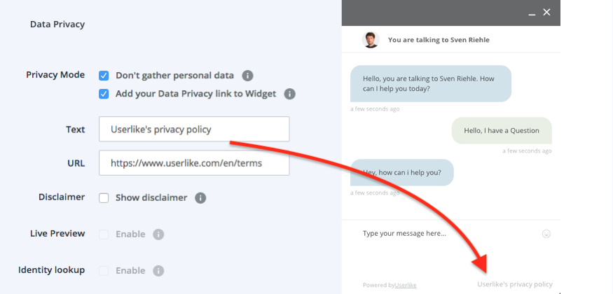 screenshot of Userlike chat settings data privacy mode