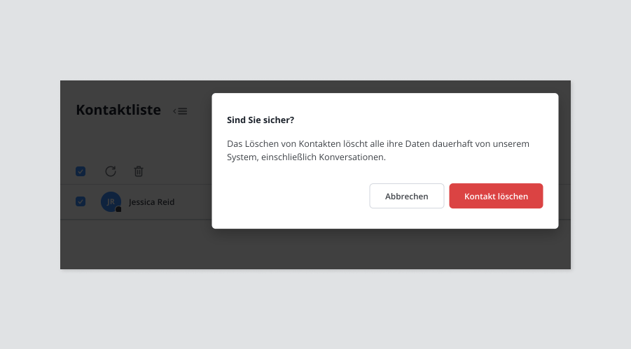Löschfunktion für Kontakte in Userlikes Message Center.