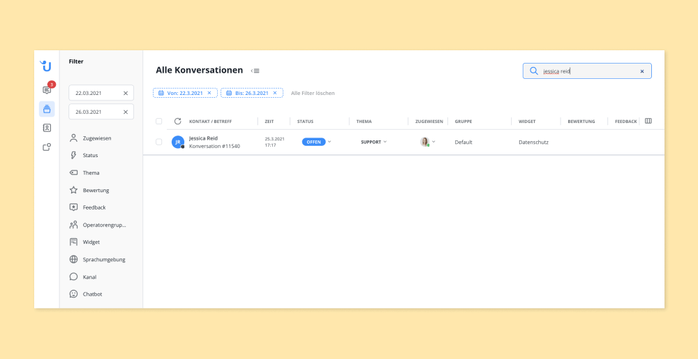 Suchfunktion für Unterhaltungen in Userlikes Message Center.