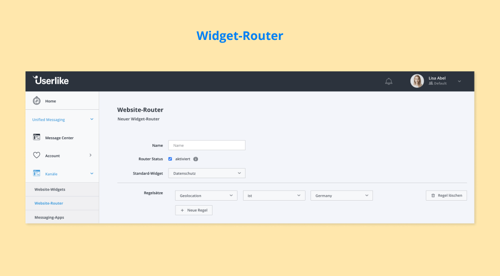 Widget-Router-Einstellungen in Userlikes Dashboard zum Ausspielen eines Datenschutz-Widgets.