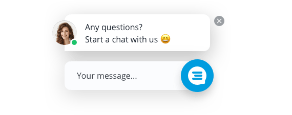 A chat bubble with a friendly message inviting a visitor to start a chat should they have questions