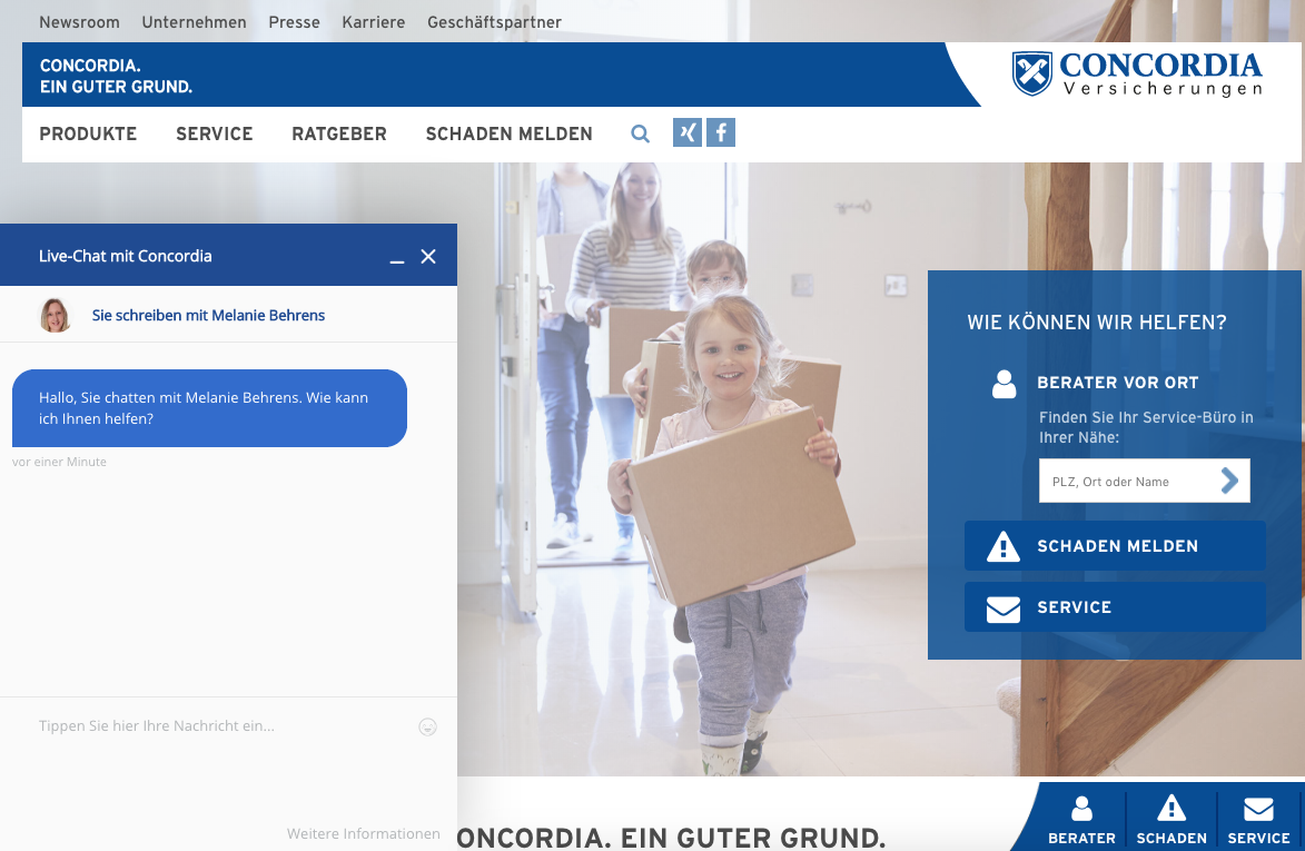Screenshot der Website der Concordia Versicherung mit Live-Chat-Fenster.