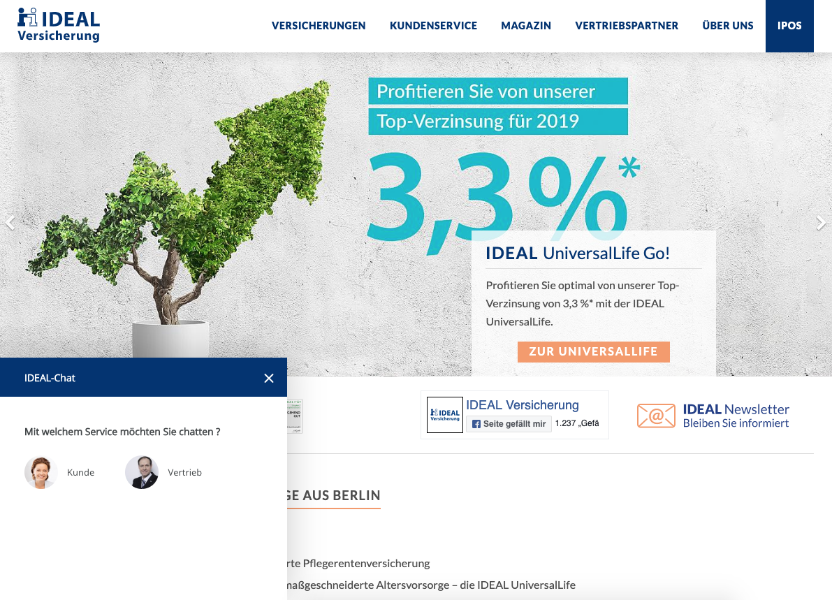 Screenshot der Website der IDEAL Versicherung mit Live-Chat-Routing.