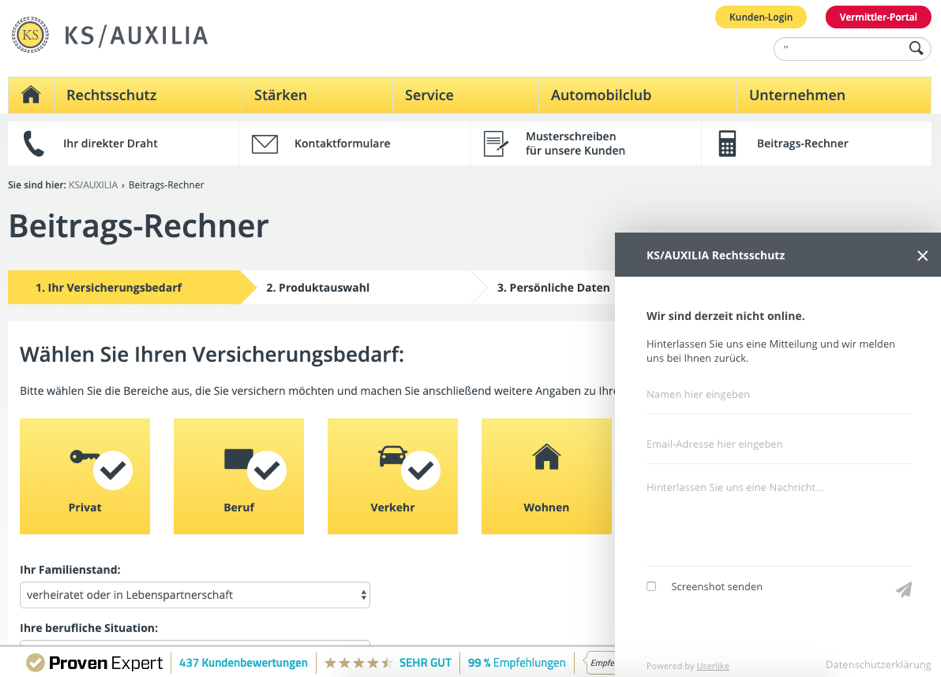 Screenshot der Website der KS Auxilia Versicherung mit Live-Chat auf der Seite des Beitragsrechners.