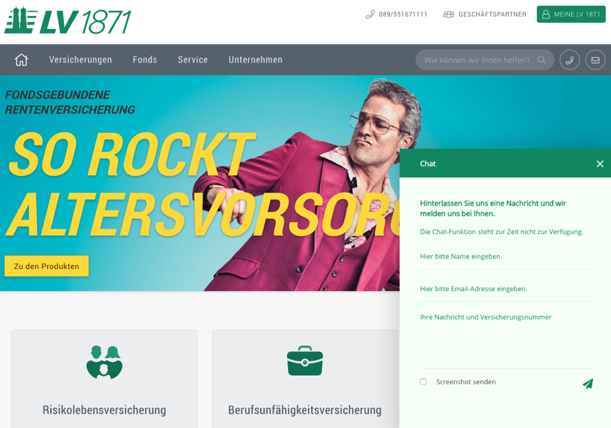 Screenshot der Website der LV1871 Versicherung mit Kontaktformular.