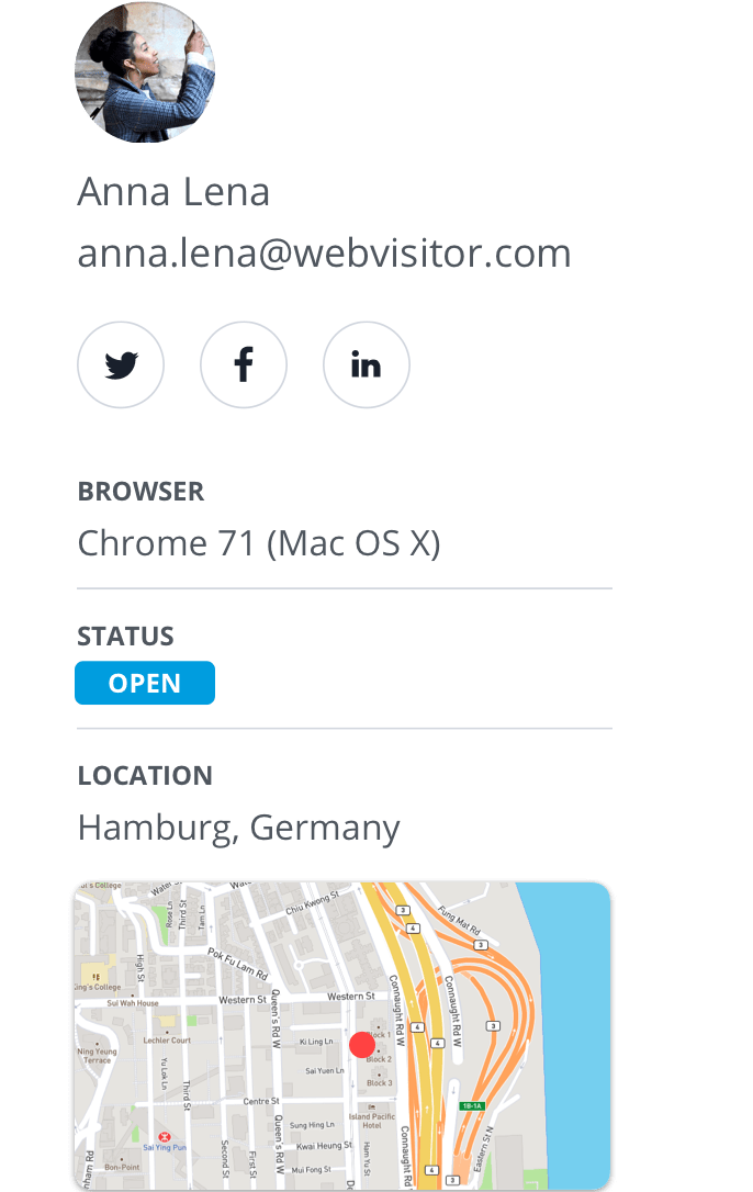 Screenshot von Kundeninfos im Userlike Chat Panel