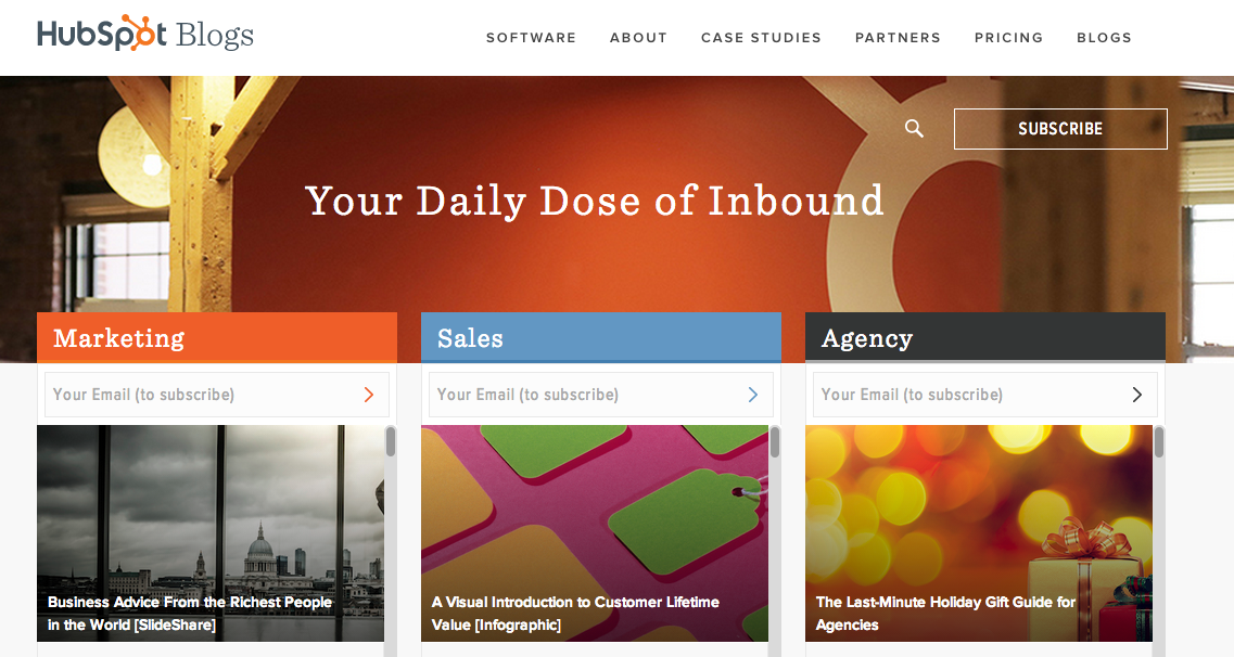 screenshot of Hubspot blog website marketing section