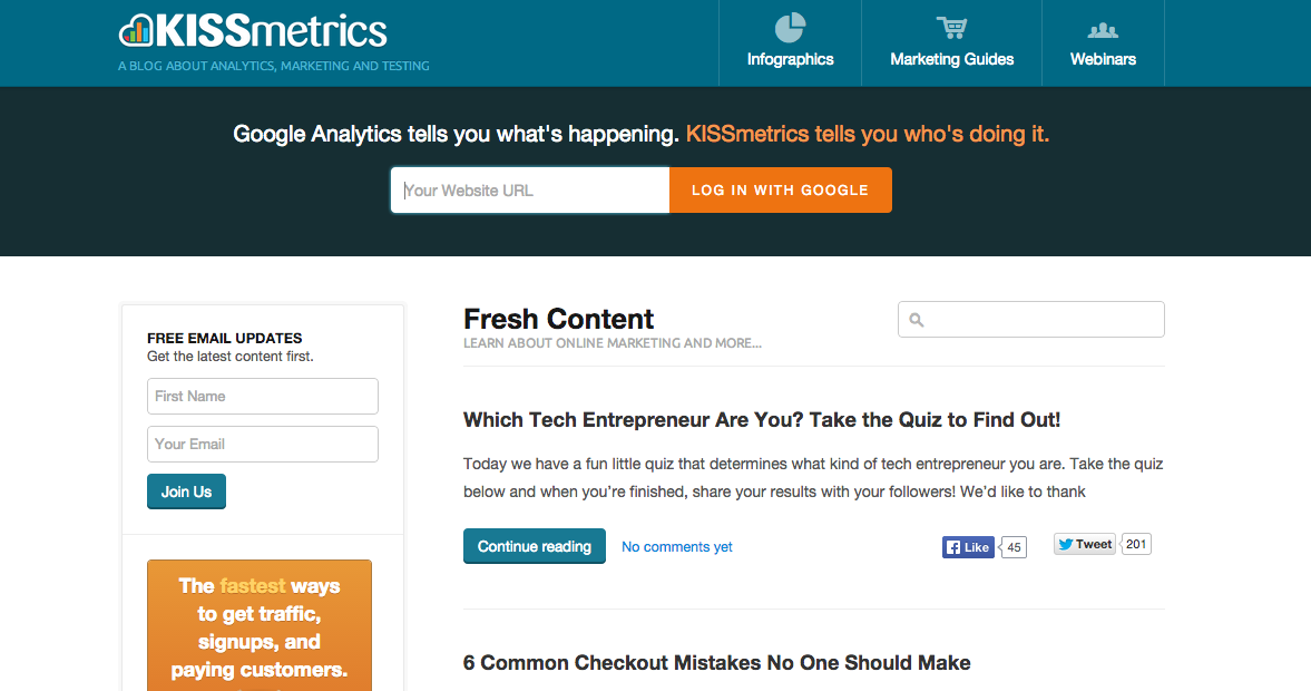 screenshot of KISSmetrics marketing blog website