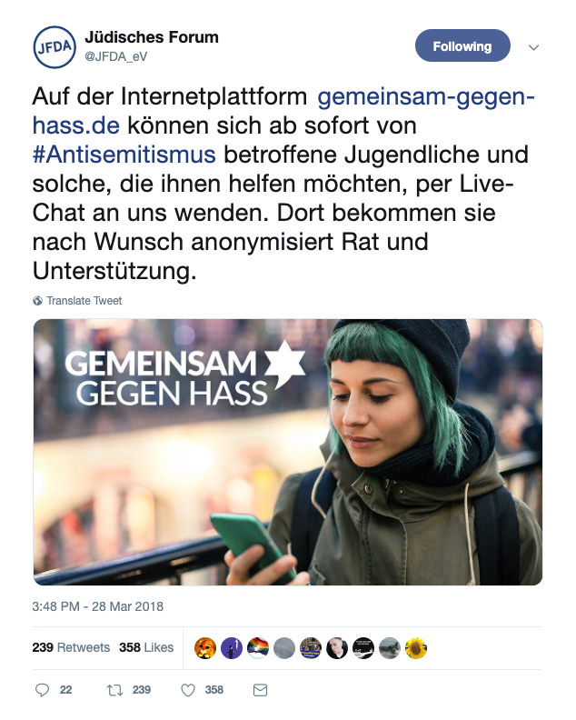 Screenshots von Twitter-Post vom Jüdischen Forum, in dem Live-Chat angekündigt wird